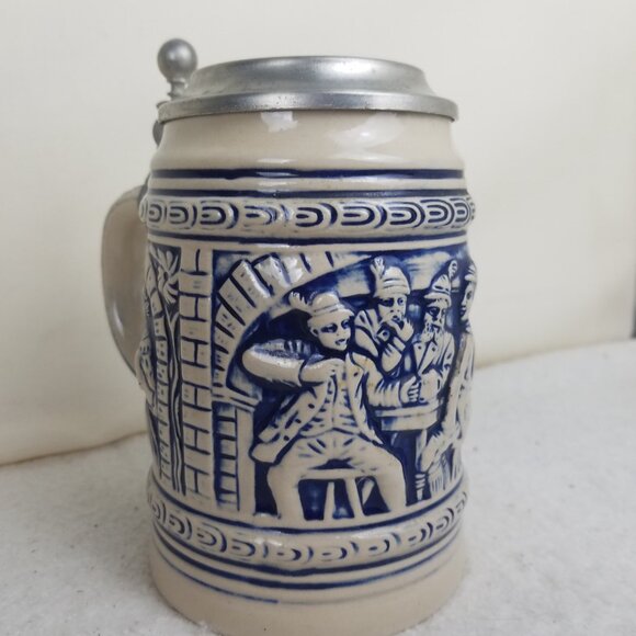 Beer Stein Pewter Lid Vtg Gerz West Germany Blue‎ And Beige tavern scene - Picture 3 of 11
